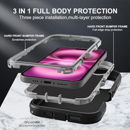 YKHJKLEC for iPhone 16 Plus Case, Military Grade 3 in 1 Heavy Duty Shockproof/Drop Proof/Dust Proof Case with 2Pcs Tempered Glass Screen Protector (Black/Grey) - color: Black/Grey