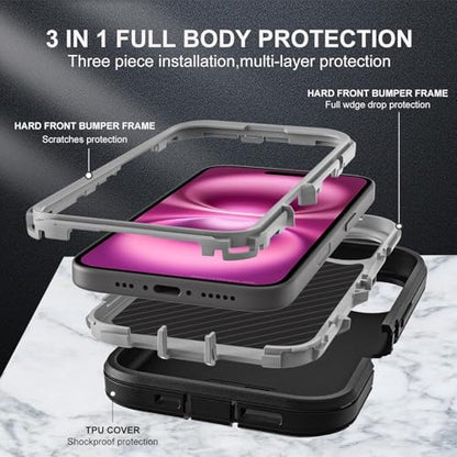 YKHJKLEC for iPhone 16 Plus Case, Military Grade 3 in 1 Heavy Duty Shockproof/Drop Proof/Dust Proof Case with 2Pcs Tempered Glass Screen Protector (Black/Grey) - color: Black/Grey