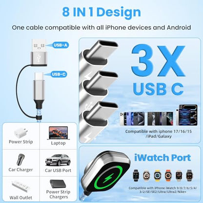 4in2 3 X USB C Cable Multi Charging Cable for iWatch Charger, 5FT - color: B1-Square, size: 1PCS&5FT