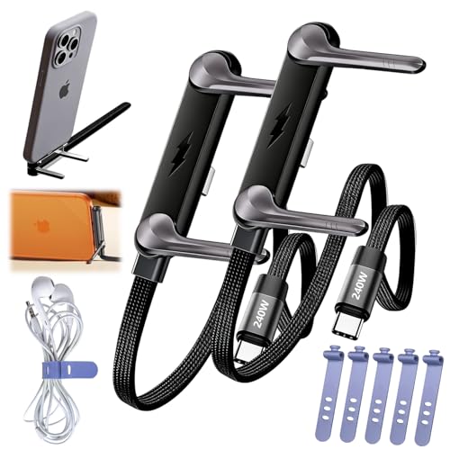 2PCS Sideways Phone Charger with 5PCS Silicone Cable Ties, 240W Invisible Stand Charging Cable with 360° Adjustable Metal Stand，Fast Charging Cord with Built-in Phone Stand for Smartphones Tablets
