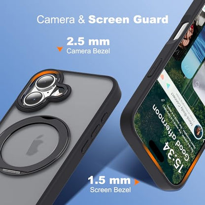for iPhone 16 Case with 360° Spin Magnetic Stand,Black | iPhone 16 Phone Case 6.1",Spin Magnetic Ring Stand,Compatible with MagSafe,Military Protection,Translucent Matte - color: Black, size: iPhone 16