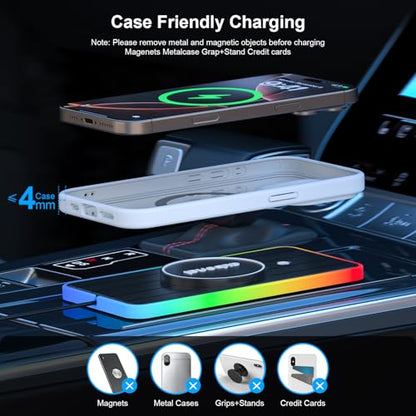 Magnetic Wireless Car Charger Pad, Aubenai 15W RGB Fast Wireless Charging Pad Non Slip Charging Mat with 70cm Extension Cable Compatible with Magsafe Charger iPhone 16 15 14 13 12 (Extension USB-A) - color: Black-Extension USB-A