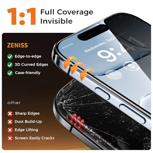 Zeniss NeverBreak 9H+ Hardness for iPhone Air Privacy Screen Protector 12FT Military Grade Protection (Scratch, Shatter, Drop Resistance) Tempered Glass Full Coverage 6.5", 2 Pack with De-Bubble Card - size: iPhone Air