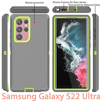 YmhxcY for S22 Ultra Case, Drop Proof 3-Layer Durable Cover/Shockproof Armor Drop Protection/Solid Rubber Protective Matte Cover for Galaxy S22 Ultra 6.8”-Dark Grey/Lime Green - color: Dark grey and Lime green
