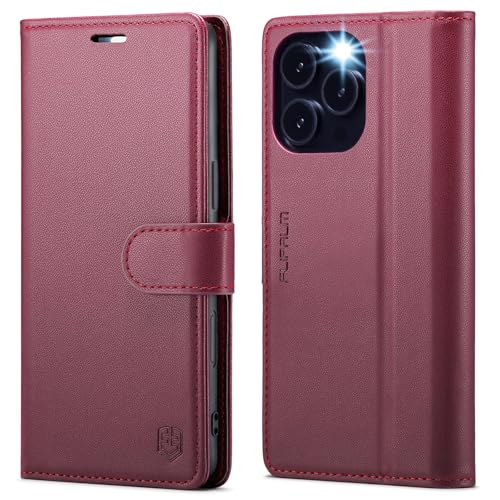 FLIPALM Card Holder Wallet Case for iPhone 15 Pro 6.1", Red | RFID Blocking, PU Leather Folio Flip, Kickstand, Protective Shockproof Cover - color: Red, size: iPhone 15 Pro - 6.1"