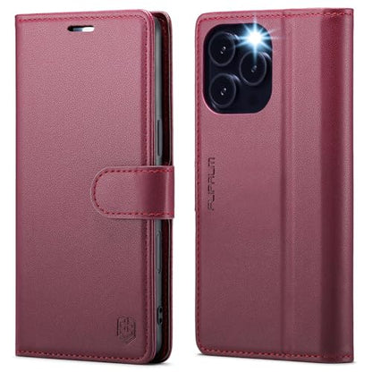 FLIPALM Card Holder Wallet Case for iPhone 15 Pro 6.1", Red | RFID Blocking, PU Leather Folio Flip, Kickstand, Protective Shockproof Cover - color: Red, size: iPhone 15 Pro - 6.1"