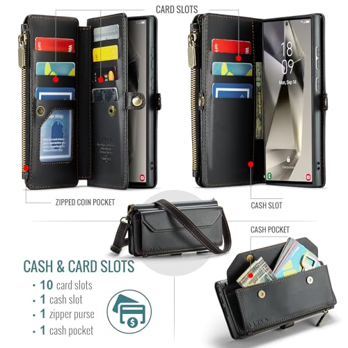 for Samsung Galaxy S24 Ultra Wallet Case with Card Holder, Black | RFID Blocking Slots, Crossbody Lanyard, Wrist Strap, Zipper Pocket Purse Handbag, Magnetic Closure - color: Black, size: Galxay S24 Ultra