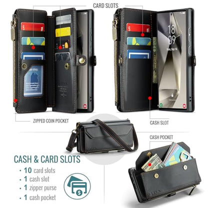 for Samsung Galaxy S24 Ultra Wallet Case with Card Holder, Black | RFID Blocking Slots, Crossbody Lanyard, Wrist Strap, Zipper Pocket Purse Handbag, Magnetic Closure - color: Black, size: Galxay S24 Ultra