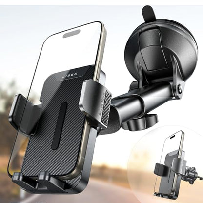 LISEN for iPhone 18 Pro Max Car Phone Holder 2-in-1 Suction Cup Mount-Black