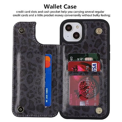 iCoverCase Compatible with iPhone 14 Plus Phone Case with Card Holder, Wallet Case for Women Men RFID Blocking PU Leather Protective Case 6.7 Inch (Black Leopard) - color: Black Leopard