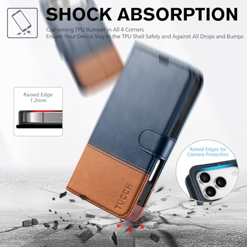 TUCCH Wallet Case for iPhone 17 Pro (6.3"), 4 Card Holders, Blue & Brown | RFID Blocking, Viewing Stand, Shockproof TPU Shell, PU Leather, Magnetic Closure, Protective Folio Flip Cover - color: Two-tone Blue & Brown