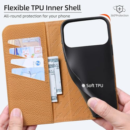 VISOUL Pebbled Genuine Leather Wallet Case for iPhone 17 Pro Max 6.9" 2025, Flip Folio Cover with RFID Blocking Card Holders, Kickstand, Soft TPU Protective Cover - Chocolate+Brown - color: Chocolate+Brown