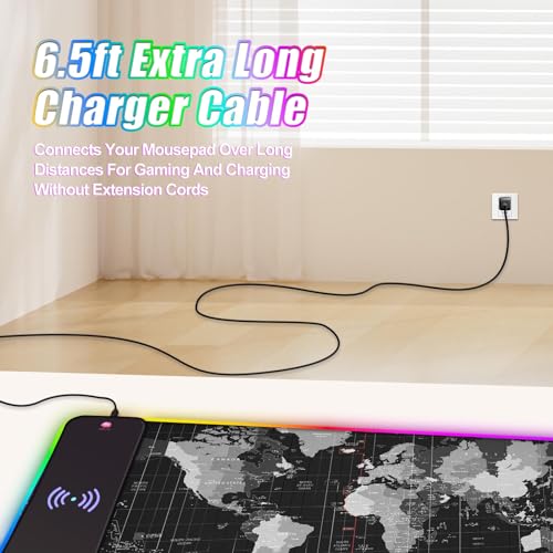 ToLuLu Wireless Charging RGB Gaming Mouse Pad, 15W Mouse Mat w/ 30W Charger - color: World Map