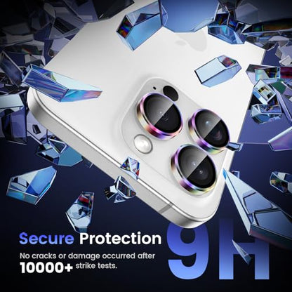 Tensa iPhone 15 Pro/Pro Max Camera Lens Protector, 9H Tempered Glass Screen Cover, Metal Ring for 6.1/6.7 inch iPhone 2023 - color: Colorful