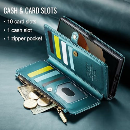 Defencase for Samsung Galaxy S22 Ultra Wallet Case with Card Holder, Green | Durable PU Leather, with RFID Blocking Zipper Pocket, Wrist Strap, S22 Ultra Flip Phone Cases Cover with Stand for Women Men - color: Elegant Blue Green