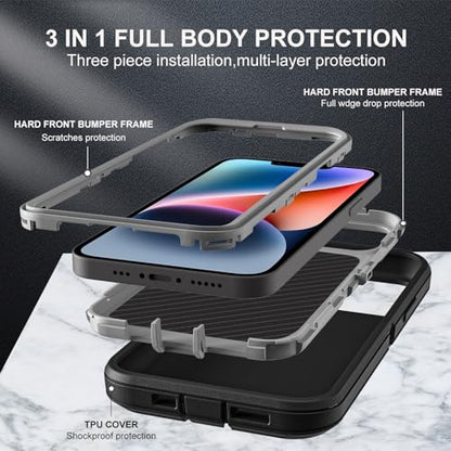 YKHJKLEC for iPhone 13/iPhone 14 Case, Compatible with Magsafe, 3 in 1 Heavy Duty Shockproof/Drop Proof/Dust Proof Case with 2Pcs Tempered Glass Screen Protector (New-Black/Grey) - color: New-Black/Grey