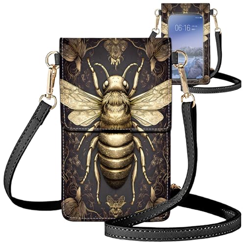 for Women Cell Phone Purse,with Touchscreen Cell Phone Purse,PU Leather Shoulder Bag Waterproof Phone Wallet Case with Clear Touch Screen Window up to 6.7 inch Smartphone, - color: Black and Gold Bees -249