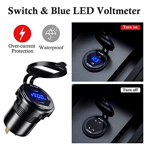 Dual PD 45W USB C Charger Socket Fast Charge Dual PD USB C Port Waterproof with Switch LED Voltmeter and Wire Fuse DIY Kit for 12V/24V Car Boat Marine ATV Bus Truck RV Motorcycle