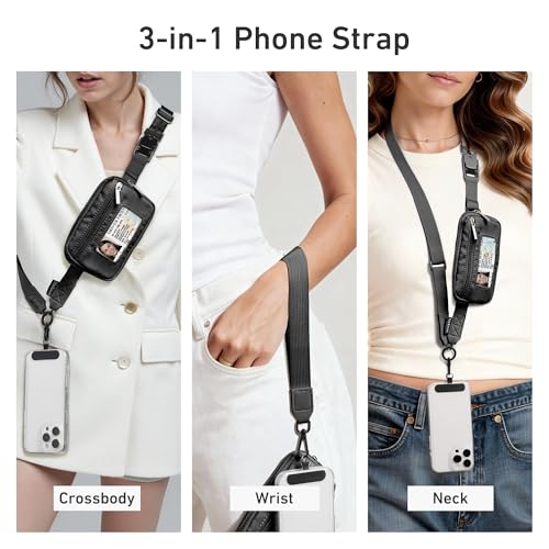 Nekmit Clip and Go Strap for Phone with Wallet Crossbody, Adjustable Phone Lanyard with Detachable Zippered Pouch & Wristlet - color: Black