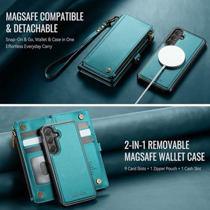 Defencase for Galaxy S25 Plus Case Wallet Compatible with Magsafe, Green | Magnetic Detachable, RFID Bolcking Card Holder, Zipper Strap, PU Leather Drop-Proof Phone Cover for Samsung Galaxy S25+/Plus - color: (Detachable with Magsafe)-Blue Green