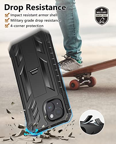 FNTCASE for iPhone 14 Plus Case, Built-in Screen Protector, Kickstand Black | 20FT Military-Grade Drop Protection, Anti-Slip Matte Textured, Rugged Heavy Duty Shockproof TPU Protective Cover - color: Black