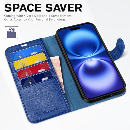 TUCCH Wallet Case for iPhone 16 (6.1") 2024, Flip Stand, Klein Blue | RFID Blocking, 4 Card Holders, Kickstand, PU Leather, Shockproof TPU Shell, Magnetic Closure, Protective Folio Cover - color: Textured Klein Blue