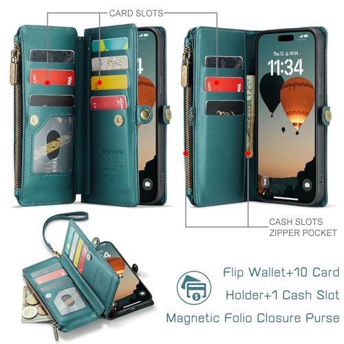 Defencase for iPhone 14 Plus Wallet Case with RFID Card Holder, Blue Green | Durable Soft PU Leather, with Zipper Pocket, Wrist Strap, Fashion Snap Flip Phone Cases Cover with Stand for Women and Men - color: Blue Green
