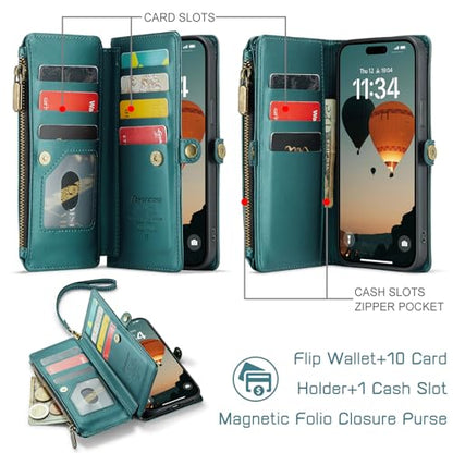Defencase for iPhone 14 Plus Wallet Case with RFID Card Holder, Blue Green | Durable Soft PU Leather, with Zipper Pocket, Wrist Strap, Fashion Snap Flip Phone Cases Cover with Stand for Women and Men - color: Blue Green