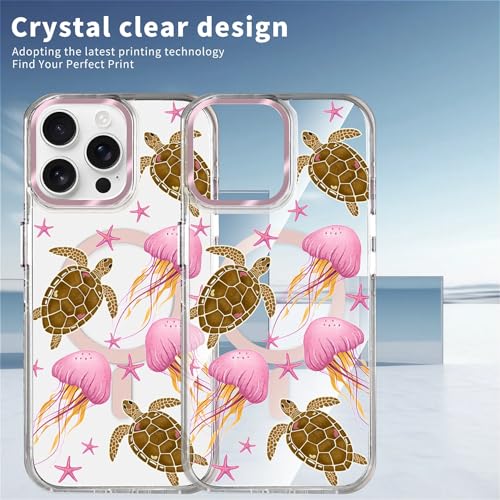 VisEnt Clear Case for iPhone 14 Pro Max, Magnetic Phone Case, Transparent Slim Cover, Military Grade Protection, Shockproof, Anti-Yellowing, Scratch Resistant, Pink Jellyfish Sea Turtle - color: Pink Jellyfish Sea Turtle, size: Iphone 14 Pro Max