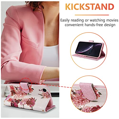UEEBAI Wallet Case for iPhone XR, PU Leather Phone Case Kickstand RFID Blocking Flip Case with Card Slots Wrist Strap Relief Engraved Pattern Magnetic Closure Folio Case - White Flower - color: White Flower
