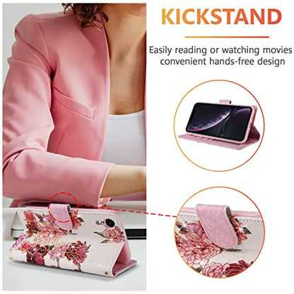 UEEBAI Wallet Case for iPhone XR, PU Leather Phone Case Kickstand RFID Blocking Flip Case with Card Slots Wrist Strap Relief Engraved Pattern Magnetic Closure Folio Case - White Flower - color: White Flower