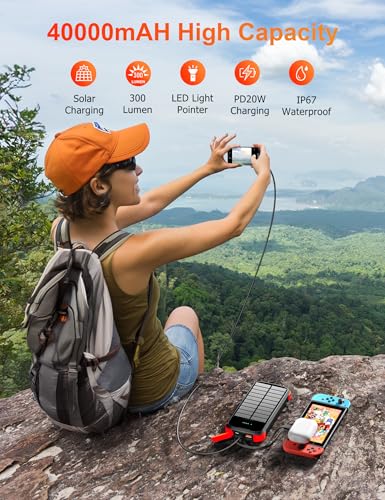 MINRISE Solar Power Bank 40000mAh, Portable Charger PD 20W Fast Charging - color: Red
