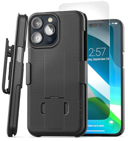 Encased for iPhone 15 Pro Case with Belt Clip Phone Holster and Kickstand Duraclip Series (Matte Black) - size: iPhone 15 Pro