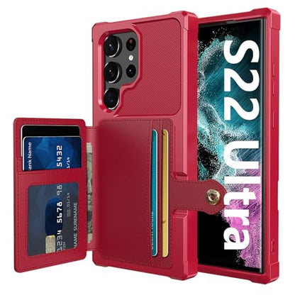 for Samsung Galaxy S22 Ultra Case with Card Holder, Compatible with Magnetic Car Mount, Heavy Duty Shockproof Rugged Soft TPU Back Leather Flip Wallet Cover 6.8 inch, Red | Compatible with Magnetic Car Mount, Shockproof Rugged Soft TPU Hard Back Leather W