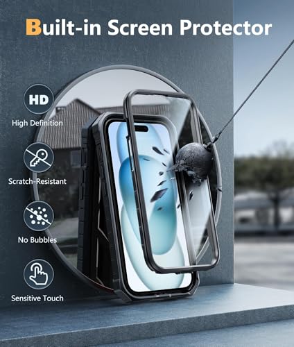 FNTCASE for iPhone 15/14/13 Case, Built-in Screen Protector, Kickstand | 20FT Military-Grade Drop Protection, Anti-Slip Matte Textured, Rugged Heavy Duty Shockproof Protective Phone Cover, Black - color: Black