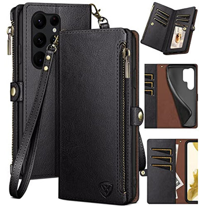 XcaseBar for Samsung Galaxy S24 Ultra Wallet case with Zipper Credit Card Holder RFID Blocking,Flip Folio Book PU Leather Shockproof Protective Cover Women Men for Samsung S24Ultra Phone case Black - color: Black Case