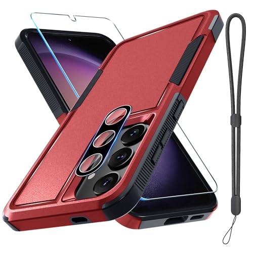 Case for Samsung Galaxy S24 FE, Full Body Heavy Duty Rugged Shockproof Protective Phone Cover with Lanyard Strap, Tempered Glass Screen Protector and Camera Lens Cover, Red | Rugged Shockproof Protective Case,with Tempered Glass Screen Protector + Camera
