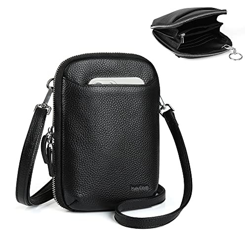 befen Genuine Leather Crossbody Cell Phone Purse for Women, Small Zip Around RFID Blocking Crossbody Wallet Bags - color: Black