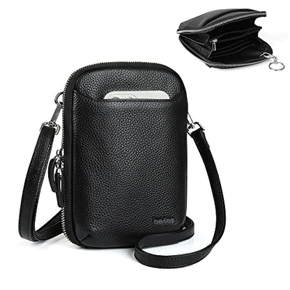 befen Genuine Leather Crossbody Cell Phone Purse for Women, Small Zip Around RFID Blocking Crossbody Wallet Bags - color: Black
