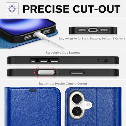 TUCCH Wallet Case for iPhone 16 (6.1") 2024, Flip Stand, Klein Blue | RFID Blocking, 4 Card Holders, Kickstand, PU Leather, Shockproof TPU Shell, Magnetic Closure, Protective Folio Cover - color: Textured Klein Blue
