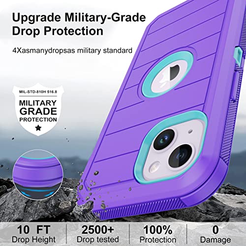 for iPhone 14 Case with 2 Screen Protector,Full Body Shockproof Drop Protection Dust Proof Heavy Duty 3 Layer Rugged Durable Military Grade Cover for Apple iPhone 14 6.1" (Purple/light green) - color: Purple/light green II