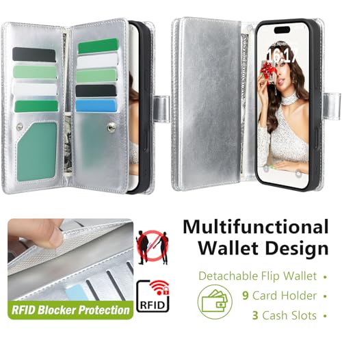 Varikke for iPhone 16 Pro - Case Wallet Magnetic Detachable, Silver - color: (Standard) Silver, size: iPhone 16 Pro 6.3"
