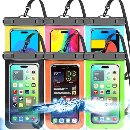 [Fits Up to 8.5"] 6 Pack Multicolor Waterproof Phone Pouch, Cell Phone Case Dry Bag,Protection Level: IP68,Beach Cruise for iPhone,Samsung,and More,Lanyard Included,Black,Blue,Pink,Orange,Yellow,Green