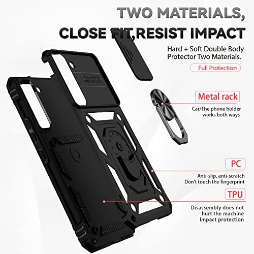 for Samsung Galaxy S22 Case with Camera Lens Cover HD Screen Protector, Dual Layer Military-Grade Drop Tested Magnetic Ring Holder Kickstand Protective Phone Case for Samsung Galaxy S22 5G (Black) - color: Black with camera cover Military-Grade 2nd gen