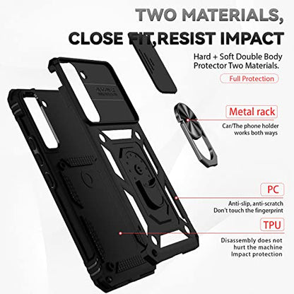 for Samsung Galaxy S22 Case with Camera Lens Cover HD Screen Protector, Dual Layer Military-Grade Drop Tested Magnetic Ring Holder Kickstand Protective Phone Case for Samsung Galaxy S22 5G (Black) - color: Black with camera cover Military-Grade 2nd gen
