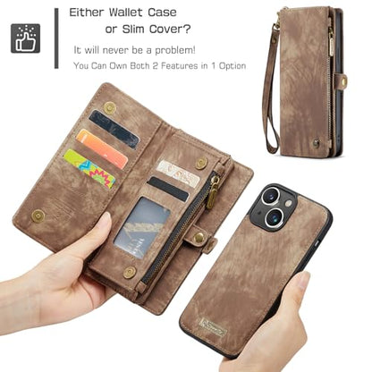 Compatible with iPhone 15 Wallet Case with Magsafe,Coffee | Magnetic Detachable Case,Card Holder,Zipper Pocket,Strap Wristlet, Soft Leather Drop-Proof Phone Case for iPhone 15 - color: Coffee, size: iPhone 15 6.1"