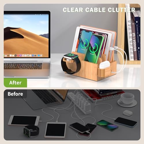 Bamboo Charging Station for Phone, Watch&Earbud with 5-Port HUB & 5 Cables - color: Dock Stand +Cables +Charger