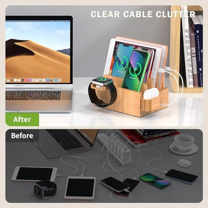 Bamboo Charging Station for Phone, Watch&Earbud with 5-Port HUB & 5 Cables - color: Dock Stand +Cables +Charger