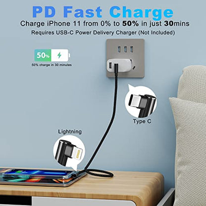 USB C to Lightning Cable 1ft MFi Certified 90 Degree iPhone Charger 3 Pack - size: 1FT