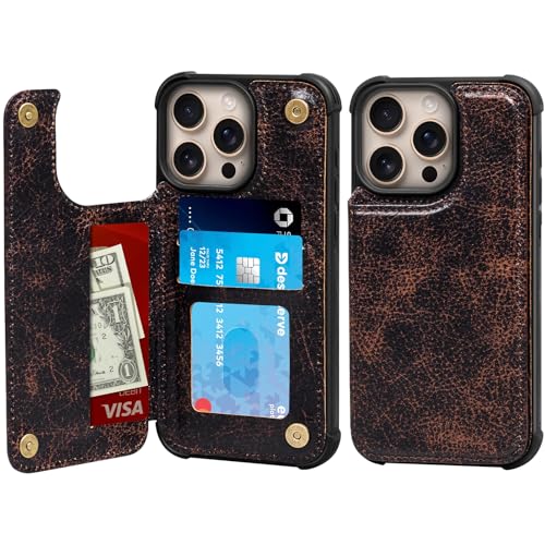 Wallet Real Leather Case Compatible with iPhone 13 Pro 6.1" | Genuine Leather,Shockproof, Anti-Fall Case,Flip Cover,with Card Slot,Double Magnetic Buckle,Kickstand,RFID Blocking Coffee - color: Brown Coffee, size: 6.1"-13 Pro